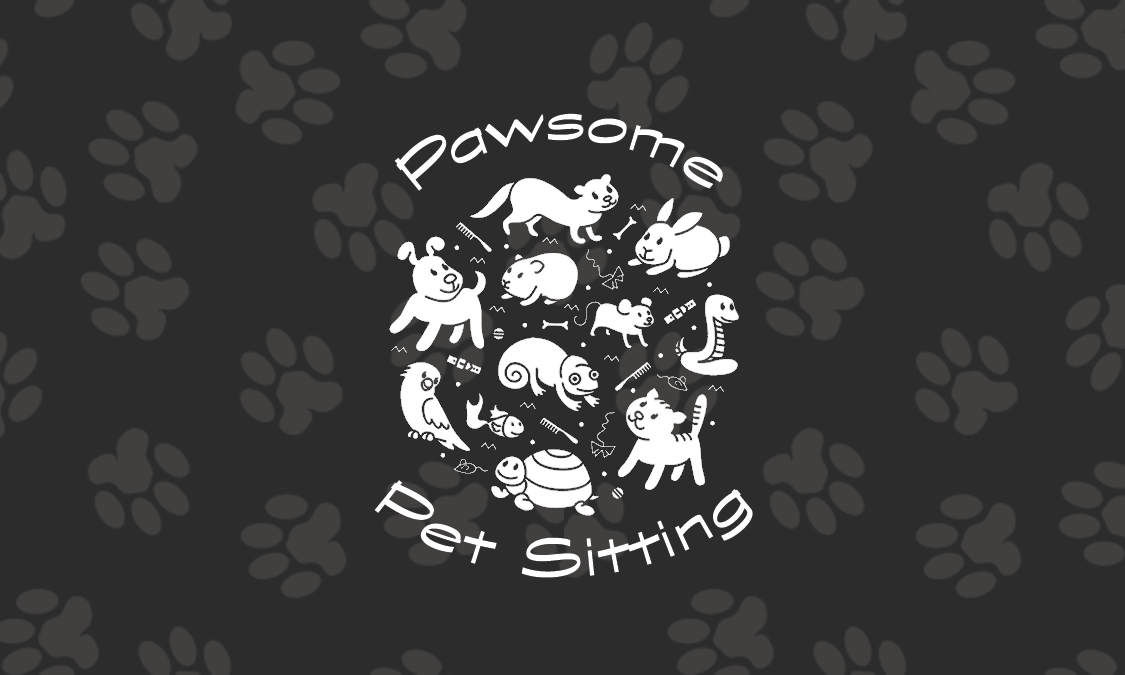 A dark gray business card with faded pawprints in the background with white animals at the center sandwiched between the words Pawsome and Pet Sitting